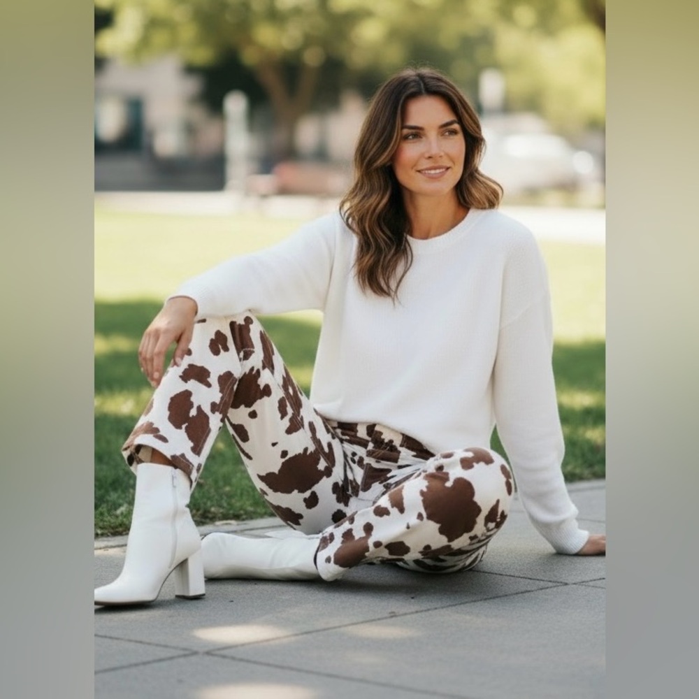 Chic Patterned Women's Pants in Brown and White Cow Print